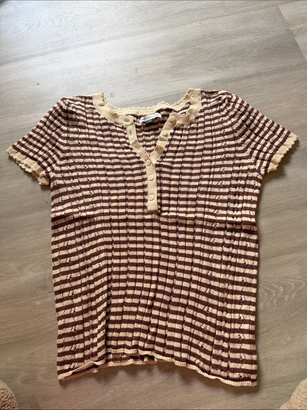 American Eagle Outfitters Cream & Brown Striped Button Henley Top size medium